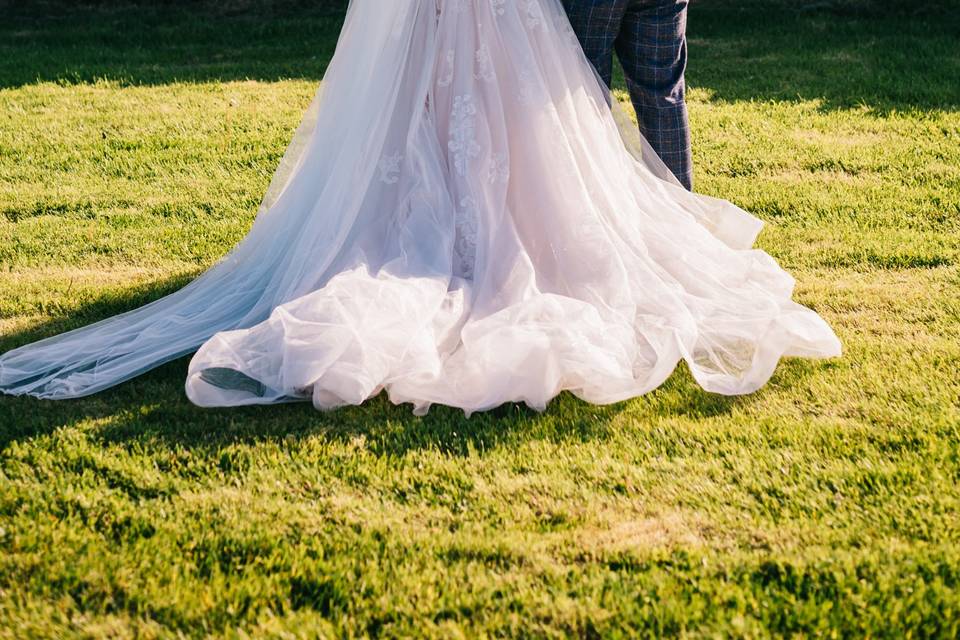 Bride and groom hugging