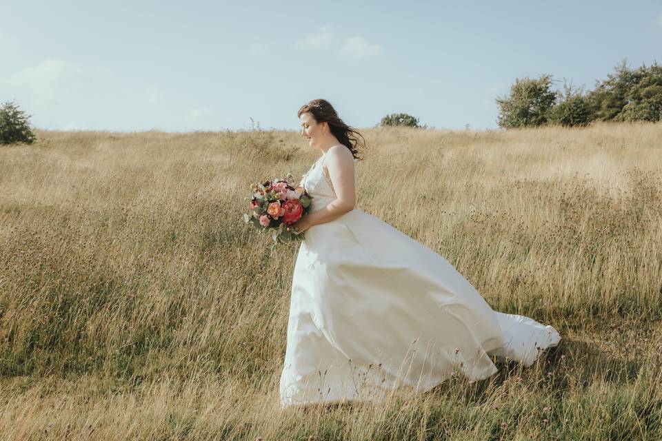 Walking with bouquet in hand