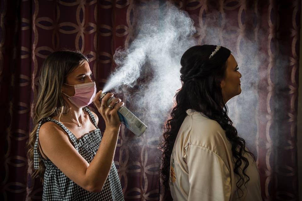 Laura's hair being styled