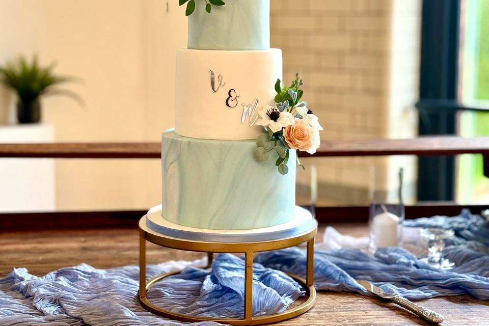 Dusky blue with sugar flowers