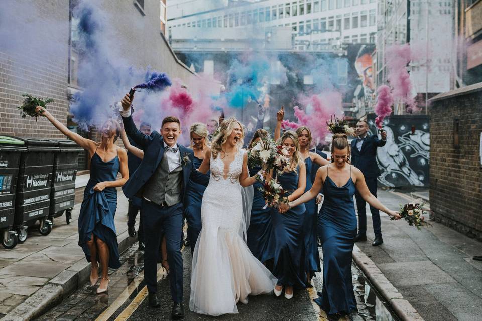 Colourful wedding parade