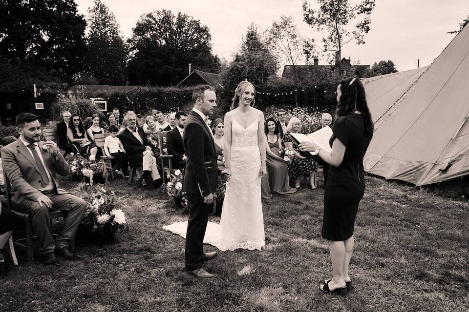 B&W couple outside wedding