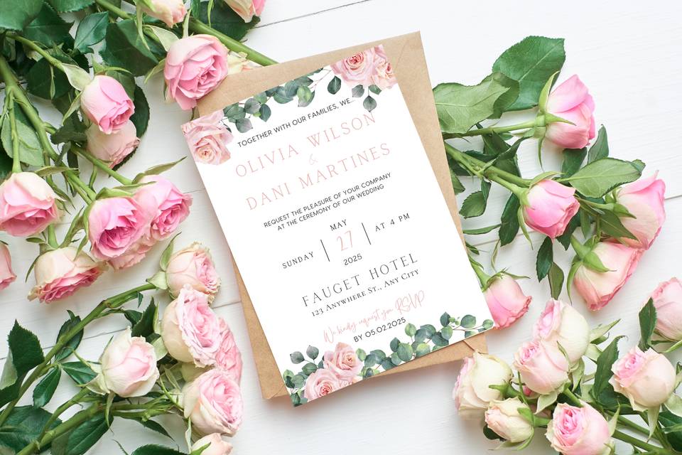 Pink Roses Floral Invitations