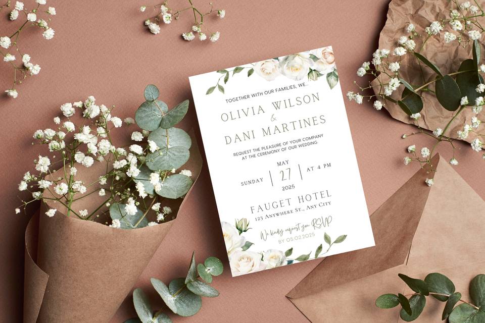 White Roses Floral Invitations