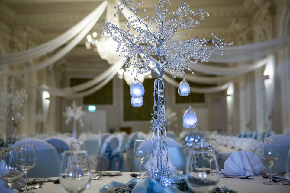 St Leger Ballroom chandeliers and table decor