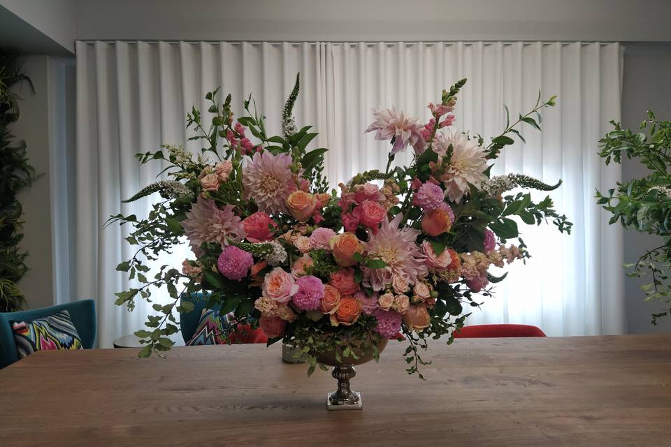 Dahlias and roses.
