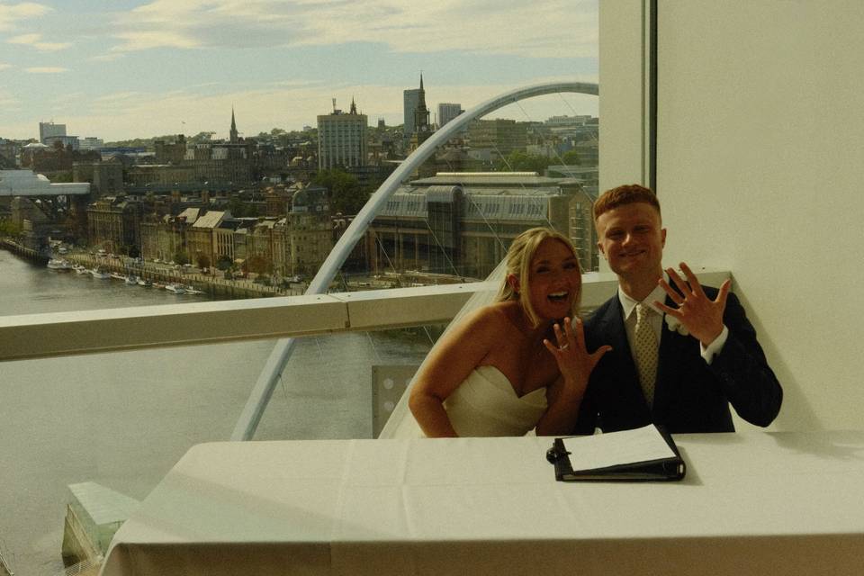 Newlyweds, staged.