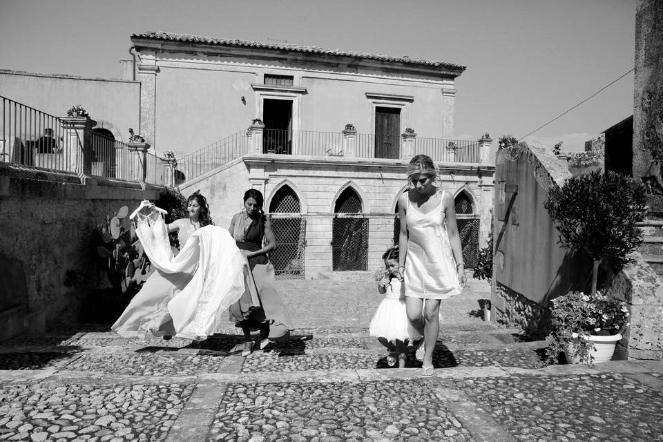 Wedding party walking outside