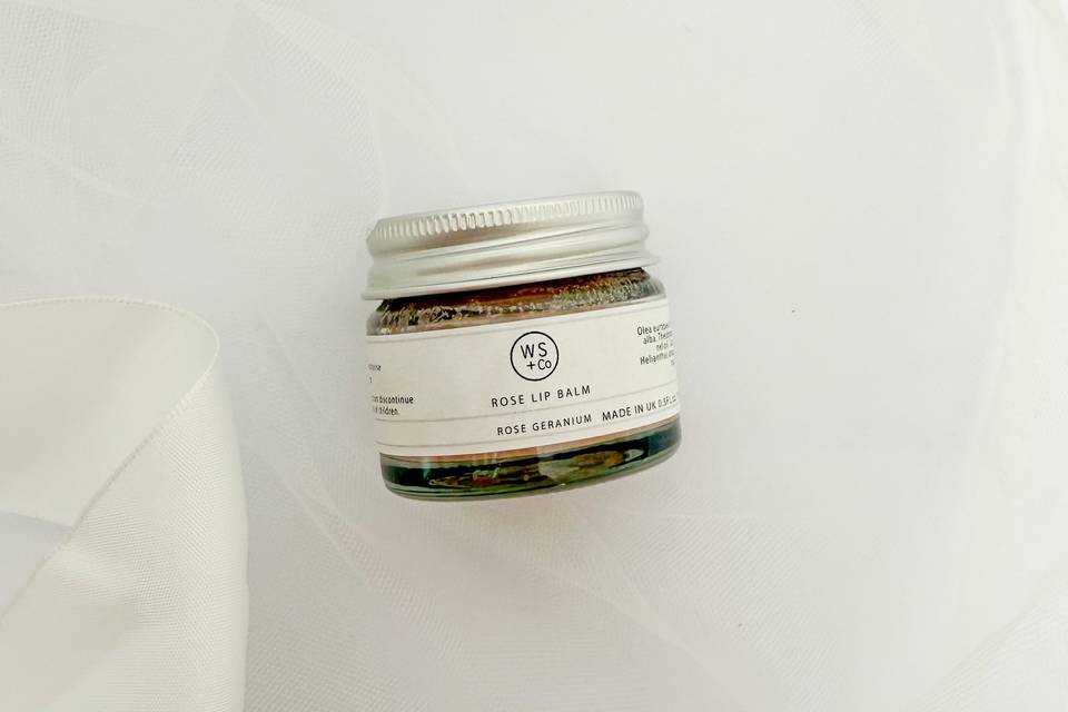 Rose lip balm featured in box
