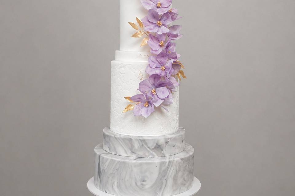 Purple flowers and grey marble