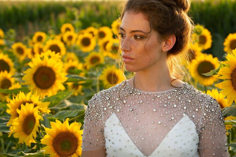 Bride in Tuscany sunflowers