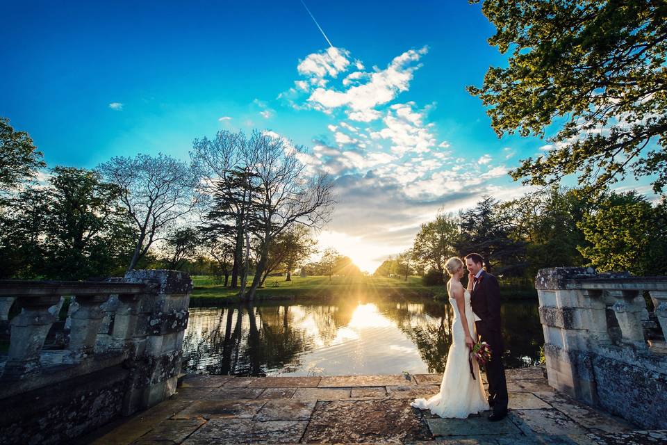 sunset by the lake at Longstowe Hall