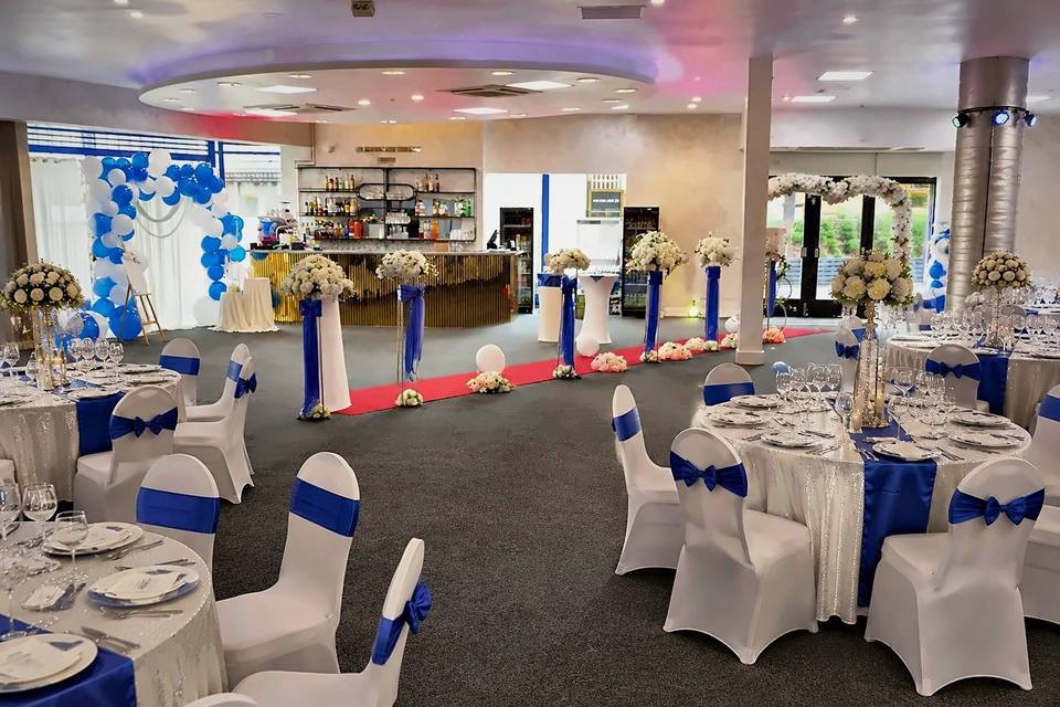 Ballroom set for a wedding
