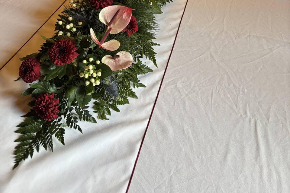 Anthuriums and dahlias table