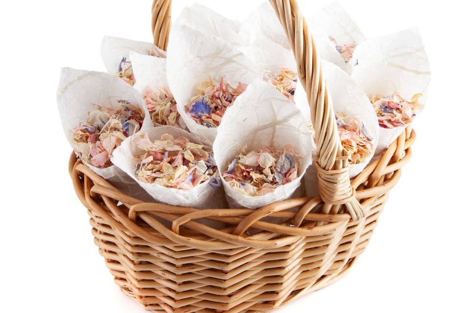 Country Wicker Basket with  25 Pretty Cream Confetti Cones complete with petals 