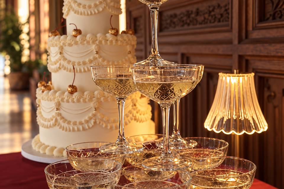 Wedding cake + Champagne tower