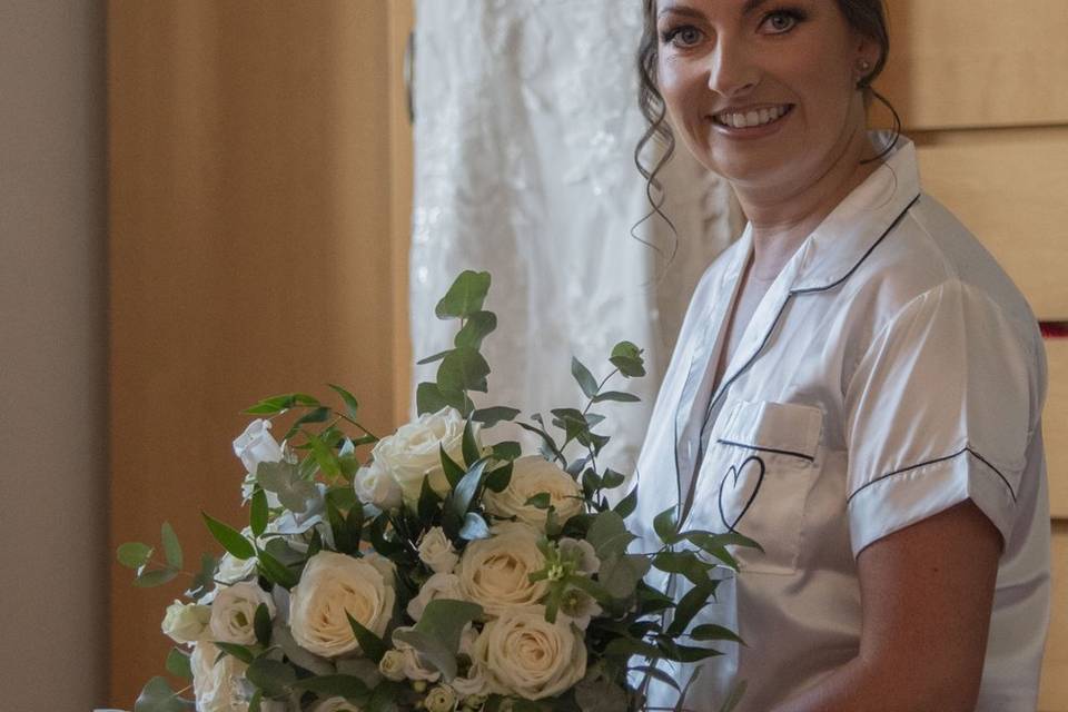 Bridal Prep with dress/flowers