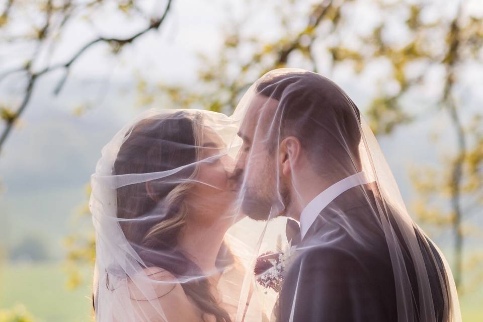 Bride and groom during golden