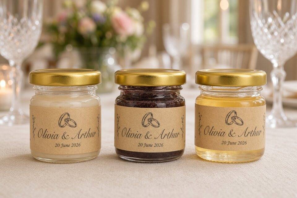 Honey wedding favours on table