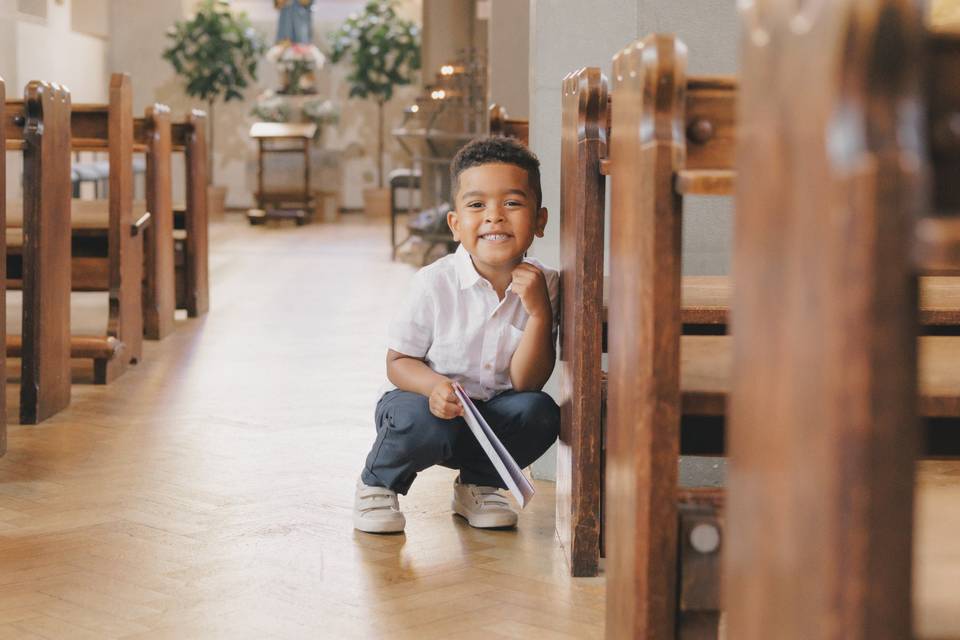 Young boy playing in church