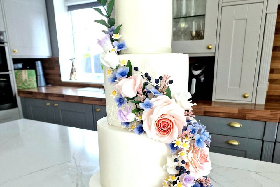 Sugar floral cascade on wedding cake
