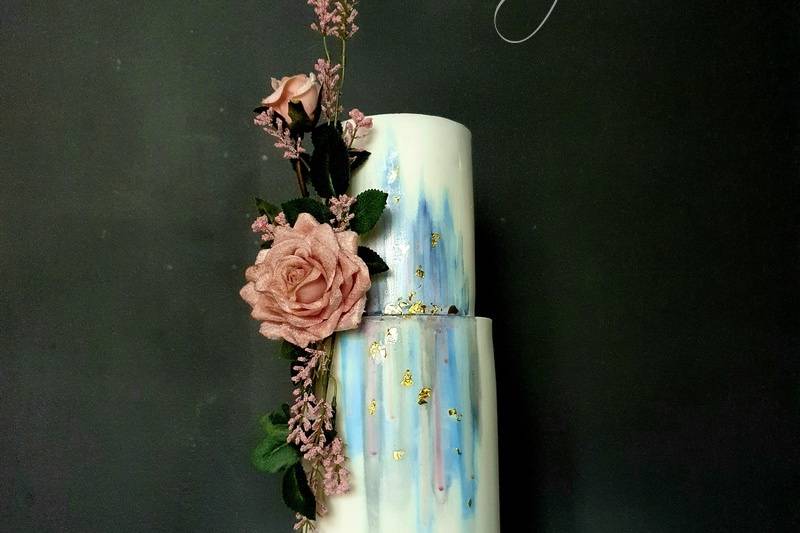 Tall 2 tier watercoloured wedding cake