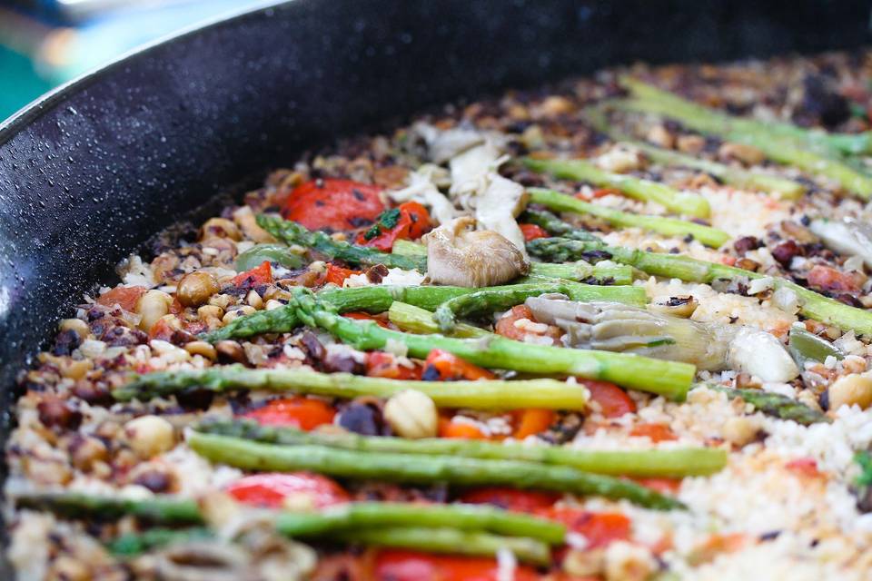 Our wild mushroom, asparagus and hazelnut paella - a vegan feast