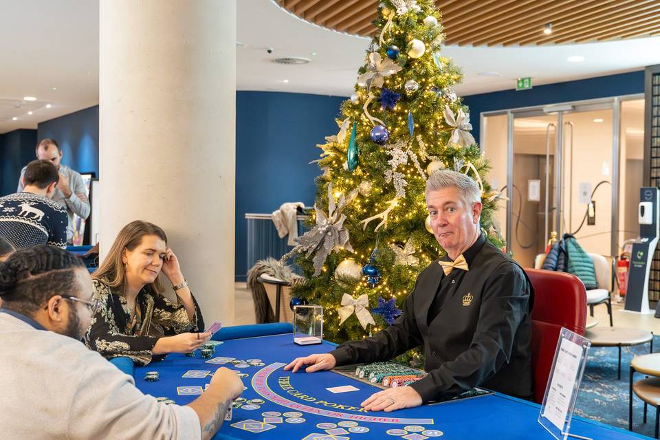 Dealer with festive backdrop
