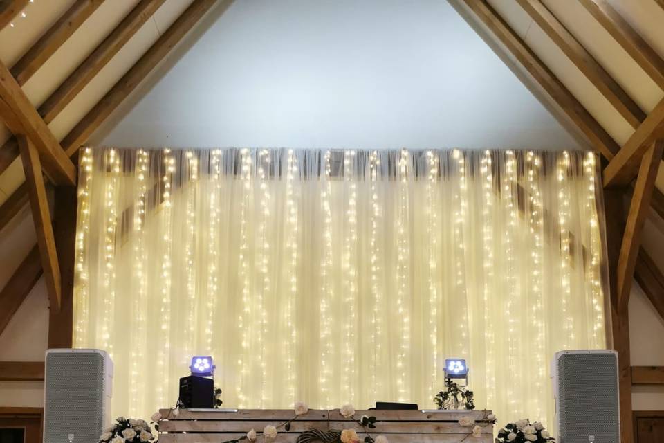 White rustic DJ booth at Old Kent Barn