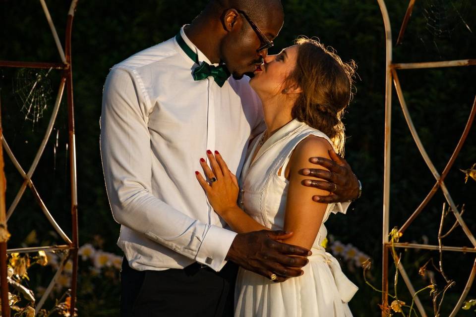 Newlyweds kissing