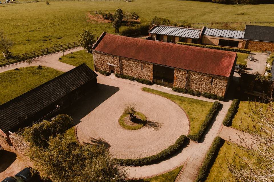 Golden hour over the barns