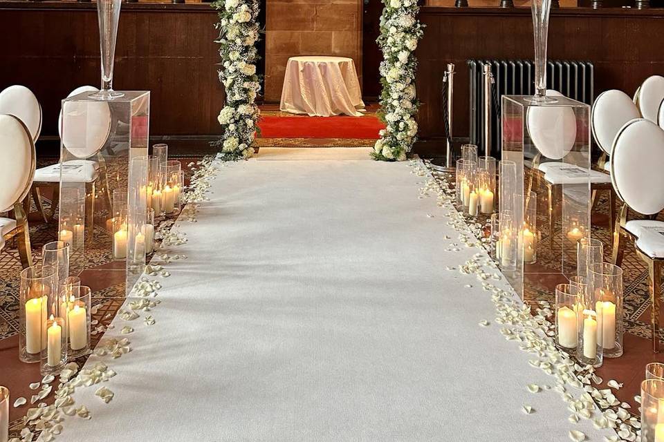 Peckforton castle aisle decor