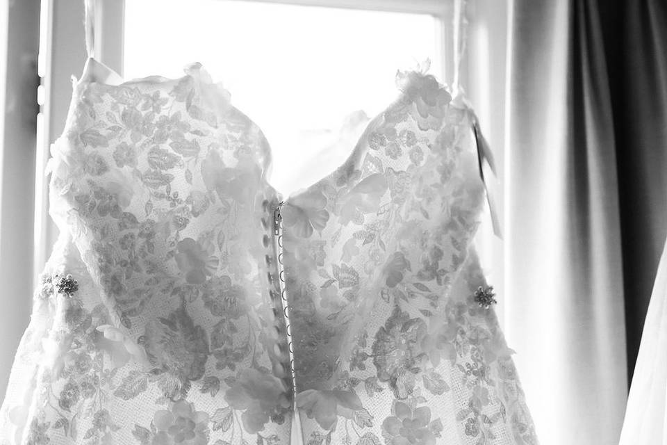 Bridal dress hanging up