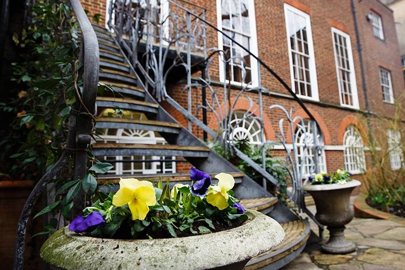 The decorative staircase to the garden