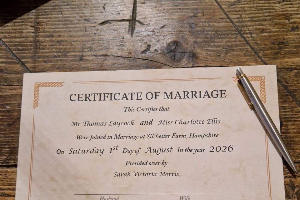Symbolic Marriage Certifcate