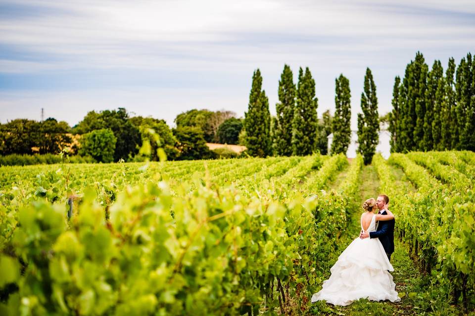 Newlyweds in a field