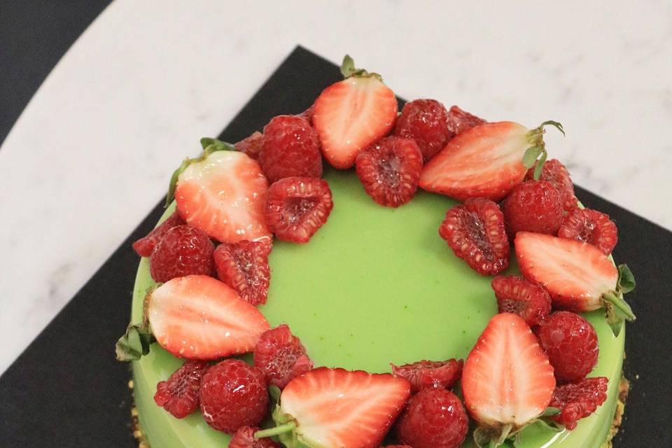 Pistachio and raspberry entremet