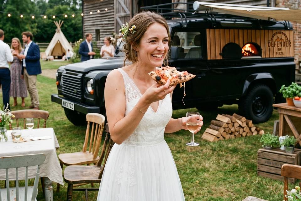 Bride Enjoying Pizza in Weddin