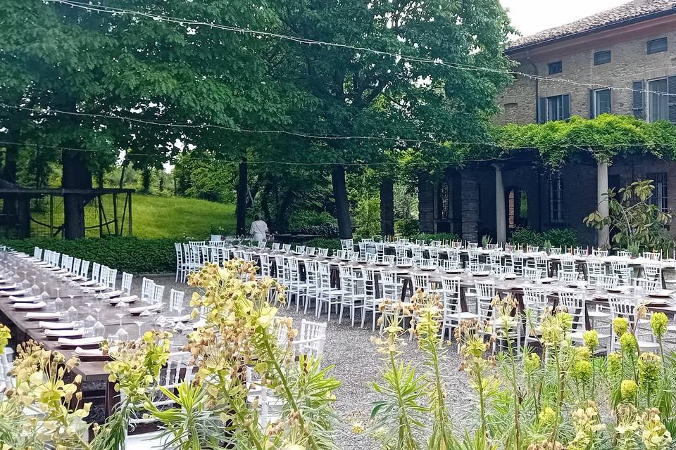 Wooden tables in courtyard