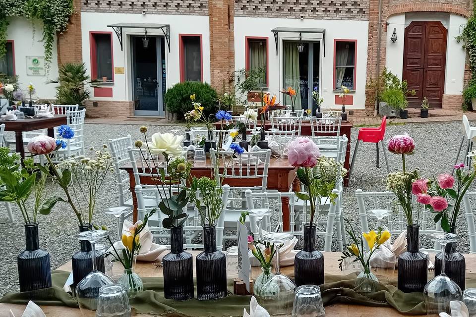 Wooden tables in courtyard