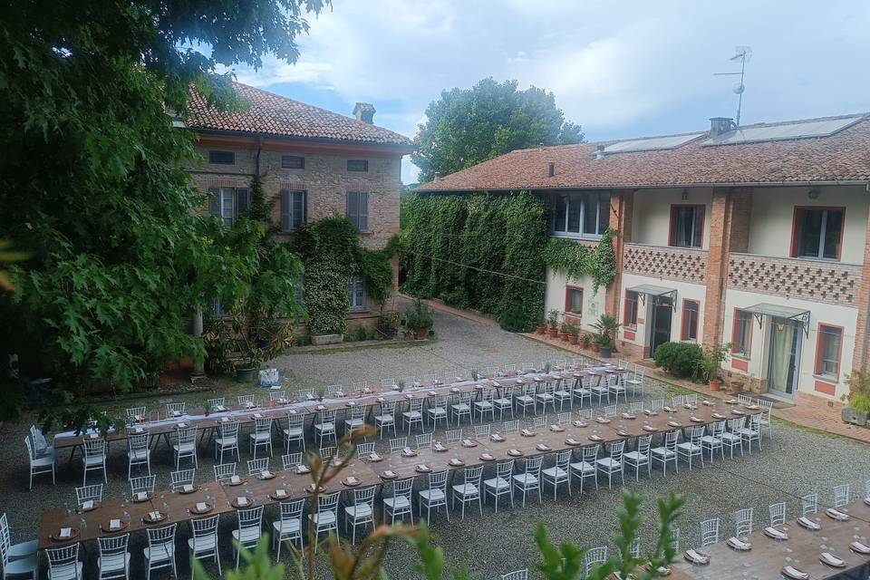 Wooden tables in courtyard