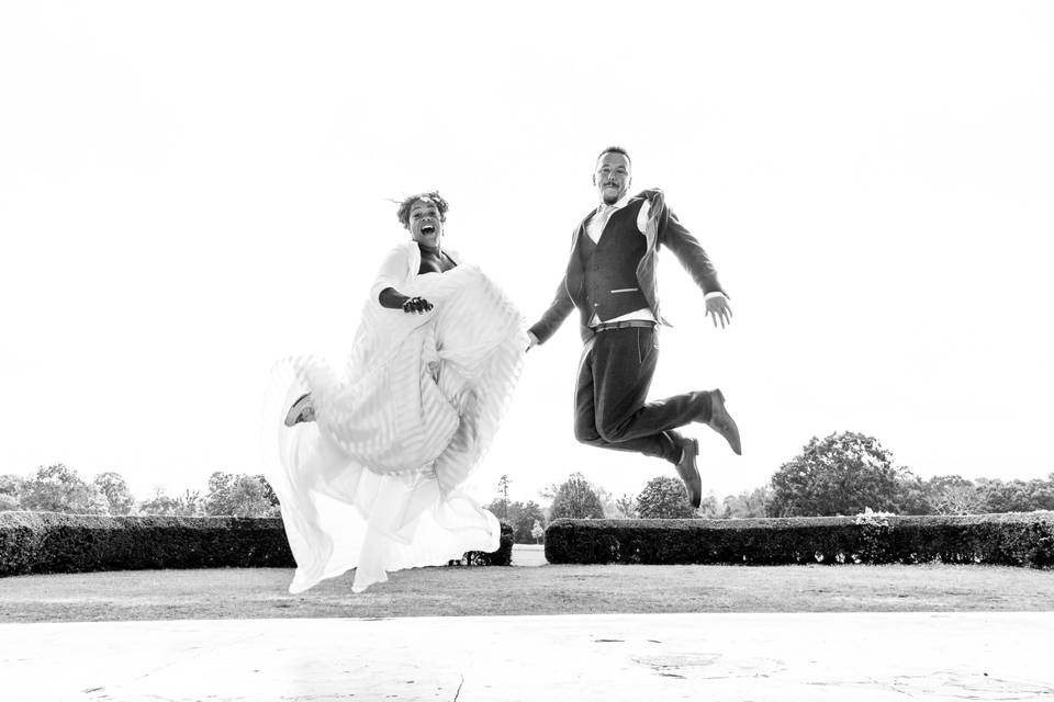 Newlyweds jumping for joy
