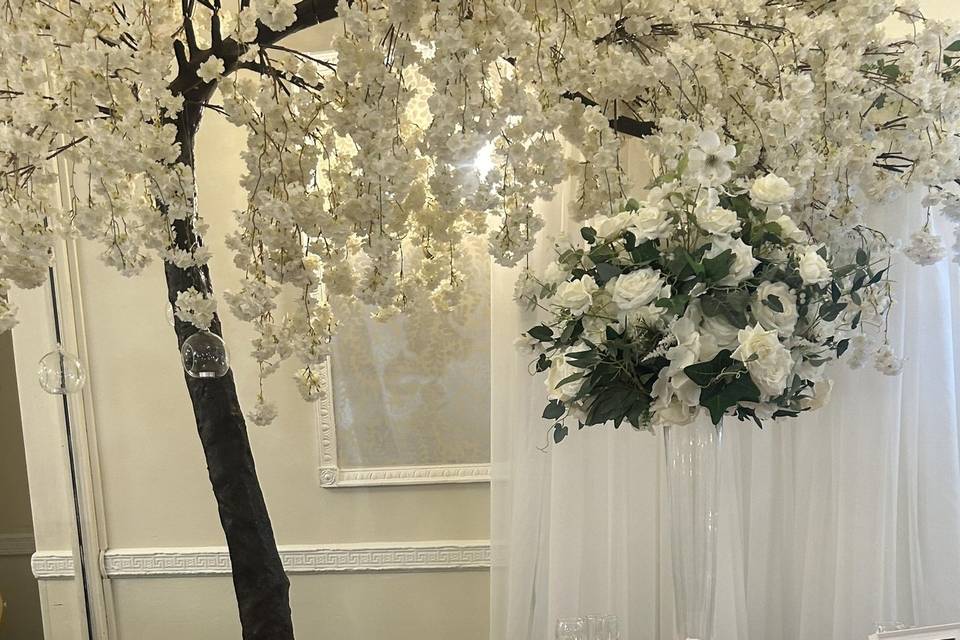 Blush cloth and blossom tree