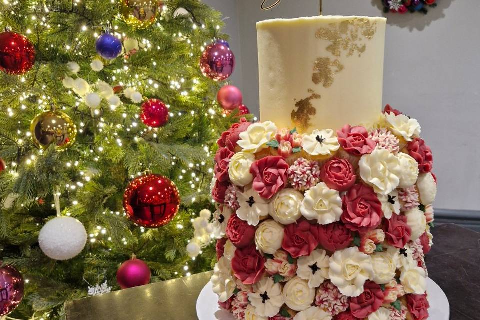 Red and white themed cake