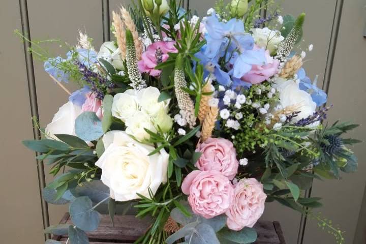 Pale pink, pale blue and ivory