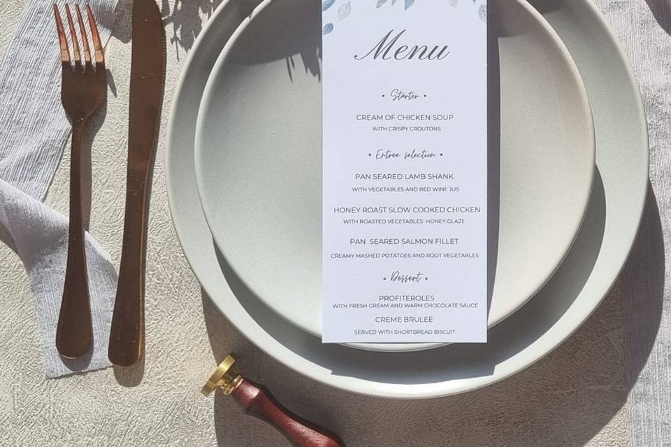 Dusky blue wedding menu