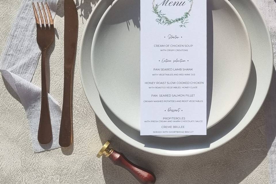 Eucalyptus wreath wedding menu