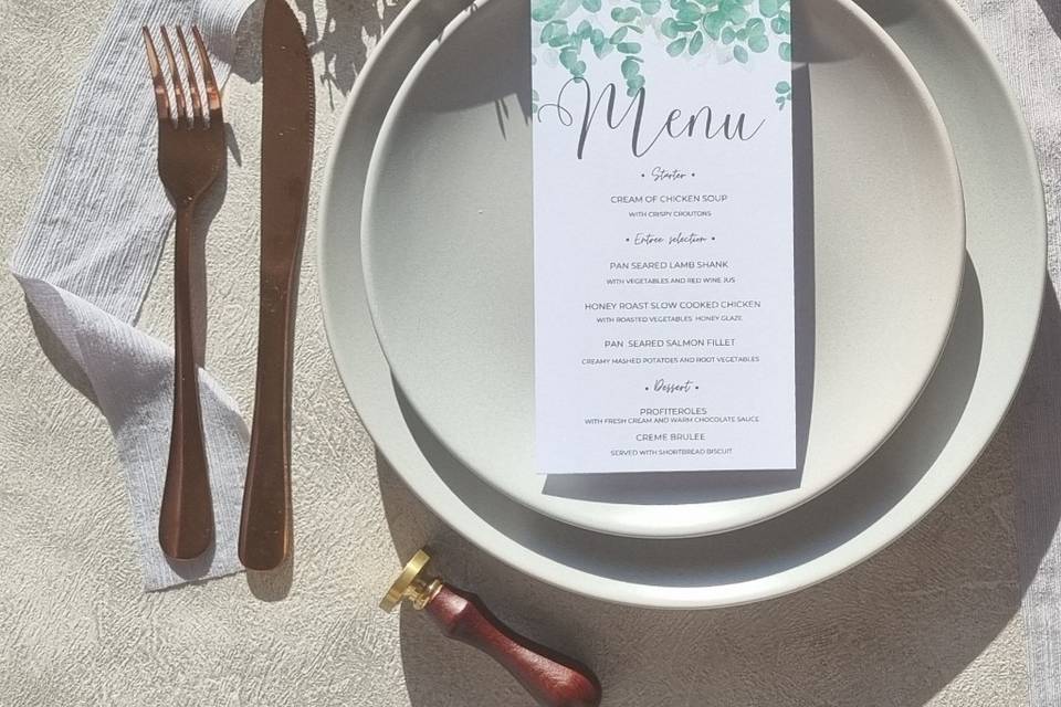 Eucalyptus fall wedding menu