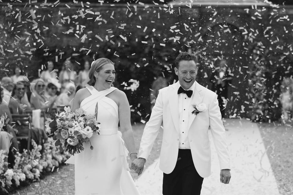 Bride and Groom confetti walk