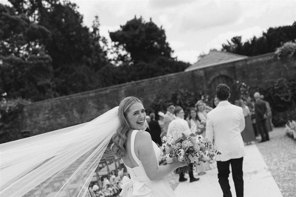 Bride's veil flowing